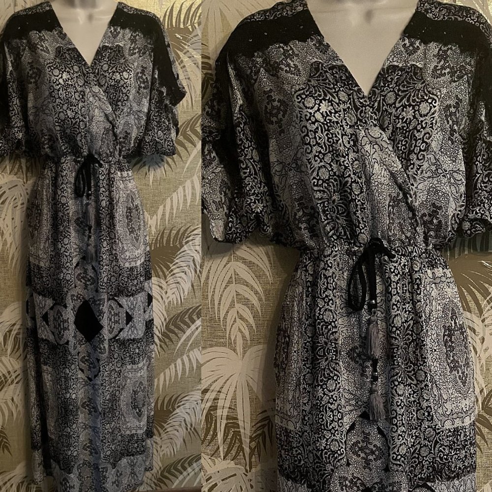 GYPSY Global Village Maxi Long Dress / Faux Wrap Bodice Drawstring Empire Waist